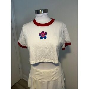 Karol G White Red Ringer Crop Top Graphic Flower Tee Large